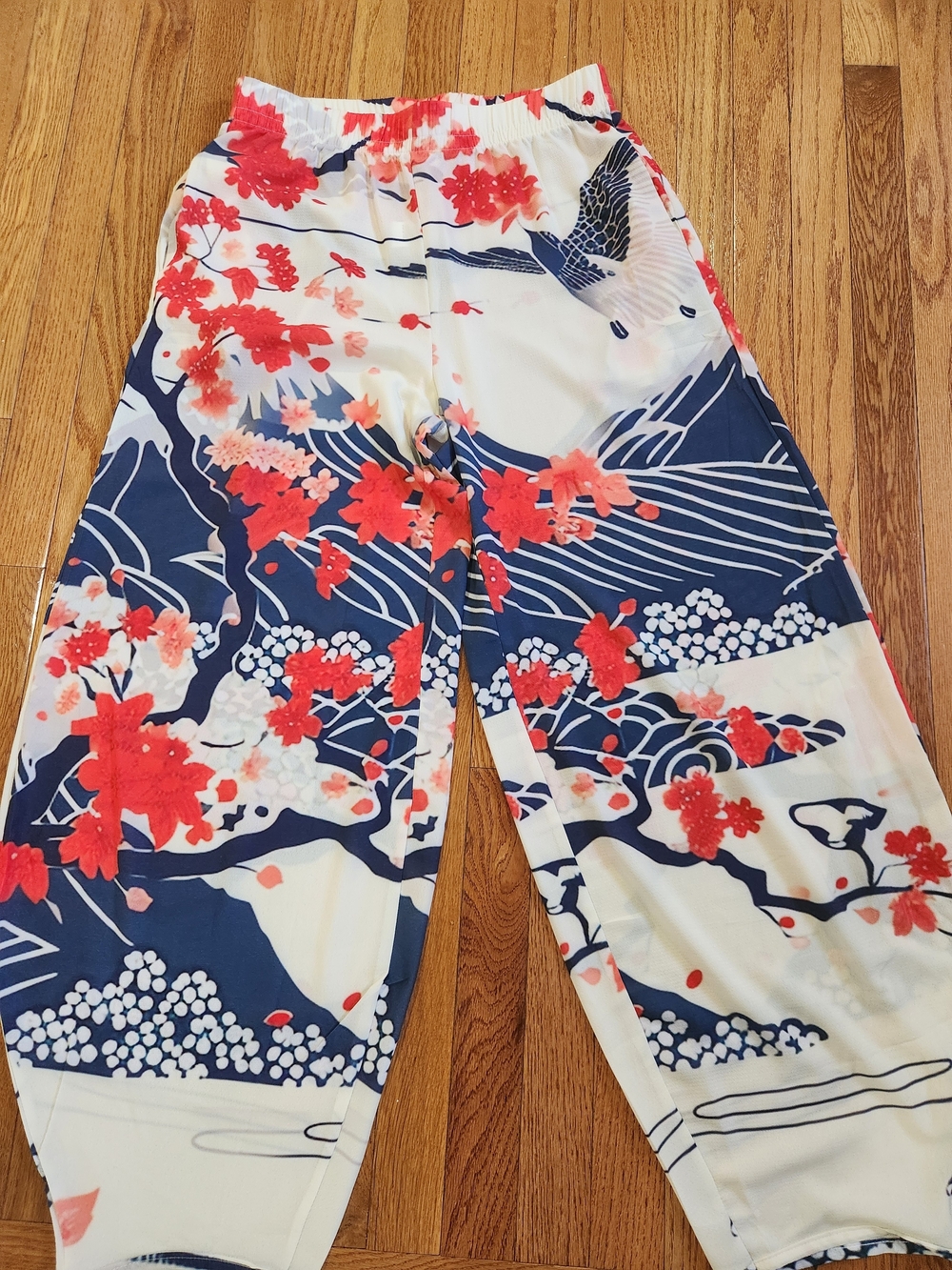 Women's Floral Wide-Leg Track Pants in White, Navy & Red